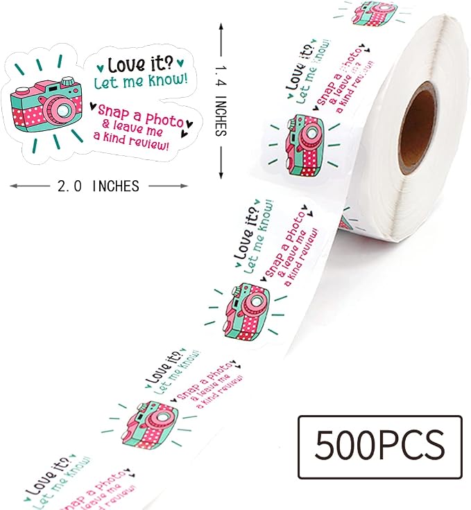 Littlefa Snap Photos Leave Reviews Stickers, Cute Pink Camera Stickers for Online Retailers Packing Gifts Bags Handmade Sticker Labels 500 PCS