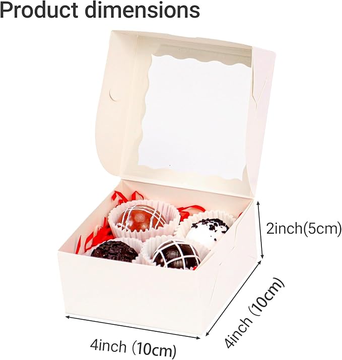 100Pack 4x4x2 Inch White Simple Elegant Bakery Boxes with Window Treat Boxes Truffle Boxes for Party Wedding Favor Mother's Valentine's Birthday Day