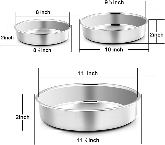 P&P CHEF Cake Pan Set of 3, 8" + 9.5" + 11" Round Baking Layer Tier Cake Pans Tins, Stainless Steel Bakeware for Birthday Weeding, Heavy Duty & Non Toxic, Mirror Finish & Dishwasher Safe
