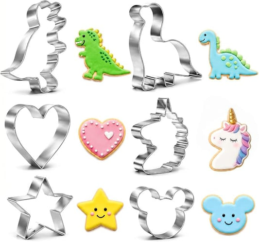 6 Pcs Cookie Cutters Set, Dinosaur Cookie Cutter, Unicorn, Mouse Head, Star and Heart Shapes, Stainless Steel Biscuit Cutters for Baking, Sandwich, Fondant