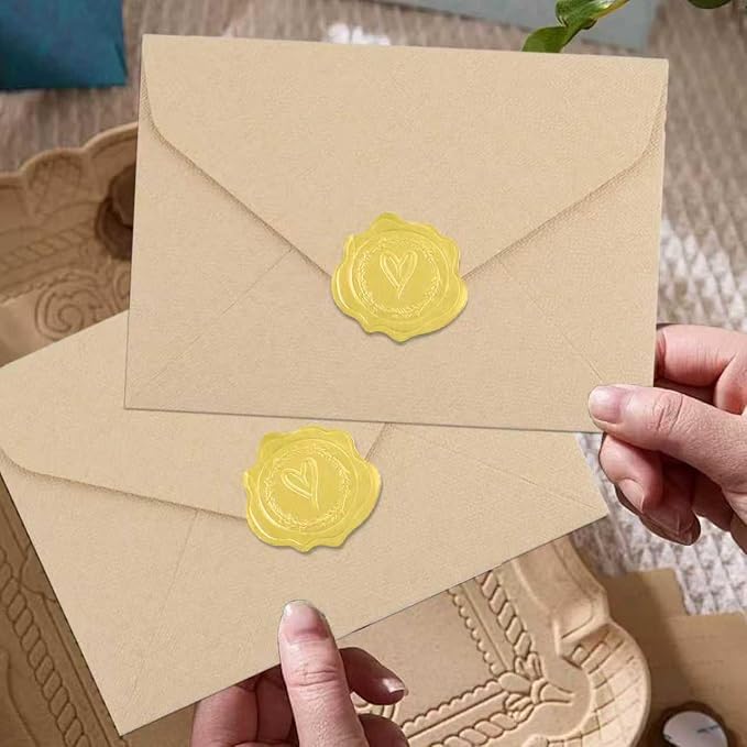 50 Pack 4x6 Khaki Linen Envelopes with Gold Wax Seals - Handmade Look A6 Vintage Envelopes & Self-Adhesive Seal Stickers for Greeting Cards, love letter, Wedding, Party Invitation