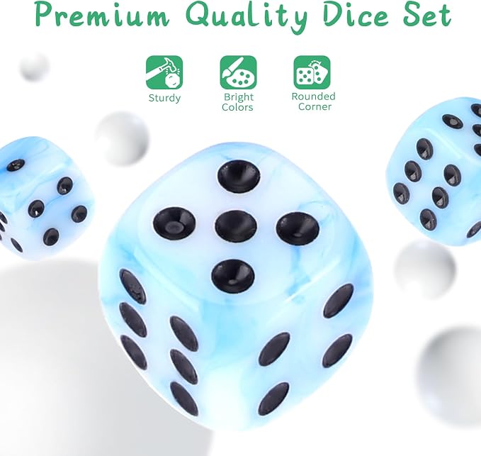 36 of Pack 12MM 6 Sided MINI Dice Set,Mixed Colours Swirls D6 Game Dice Set, 6 Sided Standard Dices for Yahtzee, Bunco or Teaching Math,with Portable Plastic Box(Blue White)