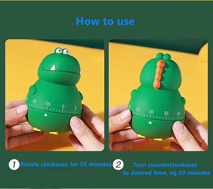 Cute Dinosaur 100% Mechanical Egg Kitchen Timer for Kids Cooking/Reading/Classroom/Do Sports(Dinosaur, Green)