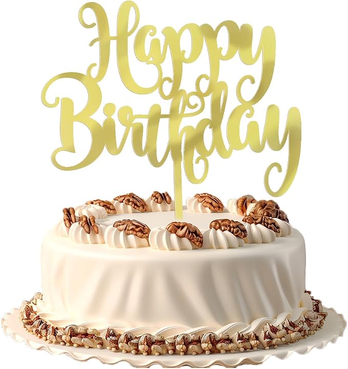 Happy Birthday Cake Topper- Glitter Happy Birthday Cake Decor, Handmade Anniversary/Birthday Party Supplies (Acrylic gold)