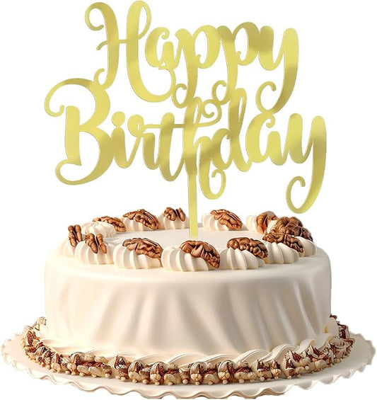 Happy Birthday Cake Topper- Glitter Happy Birthday Cake Decor, Handmade Anniversary/Birthday Party Supplies (Acrylic gold)