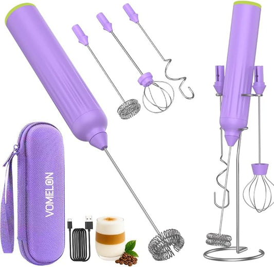 Milk Frother Handheld with 3 Stainless Steel Whisks, Rechargeable Electric Drink Mixer with Stand & Travel Case, Milk Foamer for Coffee, Latte, Cappuccino, Hot Chocolate, Egg,Jam Supplement-Purple