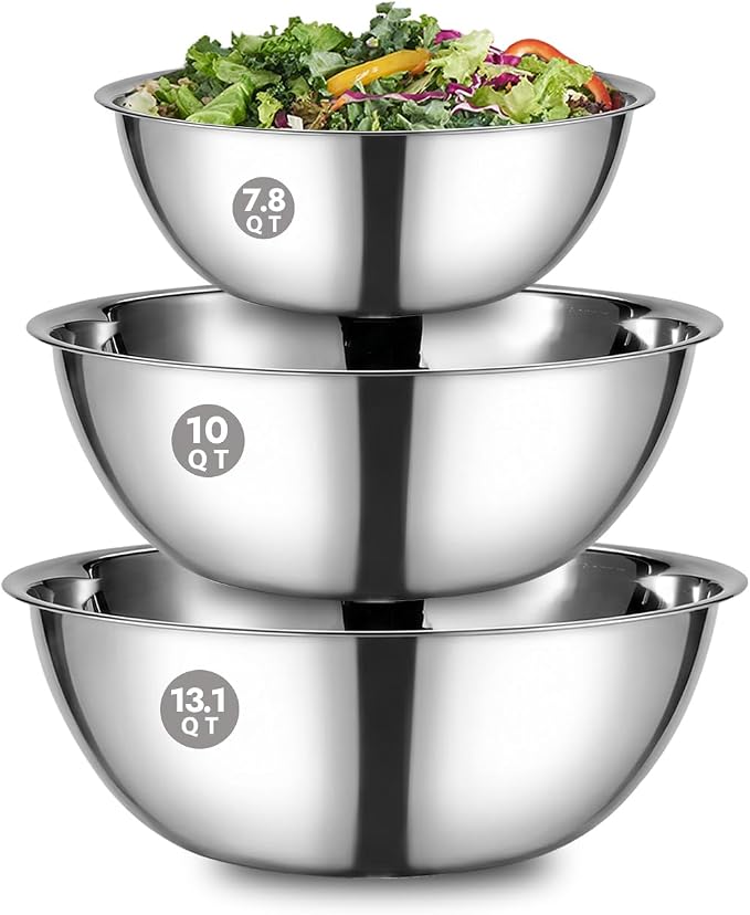 CURTA 3 Piece Large Stainless Steel Mixing Bowls Set, Extra Large Metal Mixing Bowls (7.8, 10, 13.1 QT), Heavy-Duty Nesting Salad Bowls with Flat Base for Bread Dough Kneading, Baking & Catering