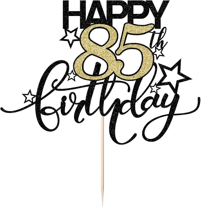 Happy Birthday Cake Topper,Black font Golden Numbers 85th Birthday Cake Decoration，Hello 85, Cheers to 85 Years/85th Anniversary ，85 & Fabulous Party Decoration