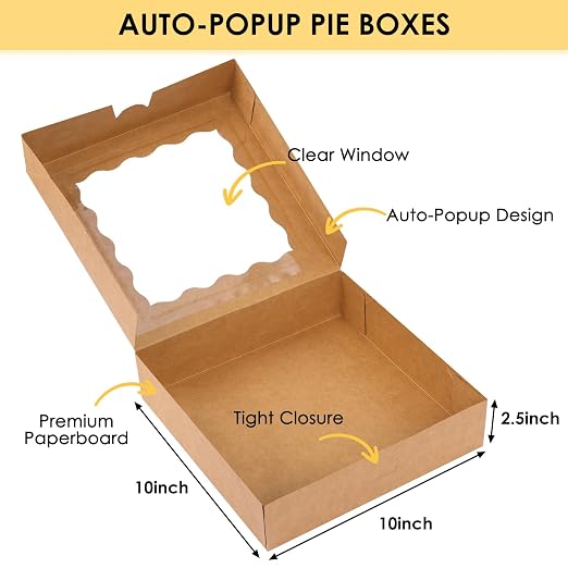 Moretoes 38pcs Pie Boxes, 10x10x2.5 Inches Auto-Popup Bakery Boxes with Window for Cookies, Treats, Cake, Pies, Chocolate Covered Strawberries, Macarons, Donuts, Muffins
