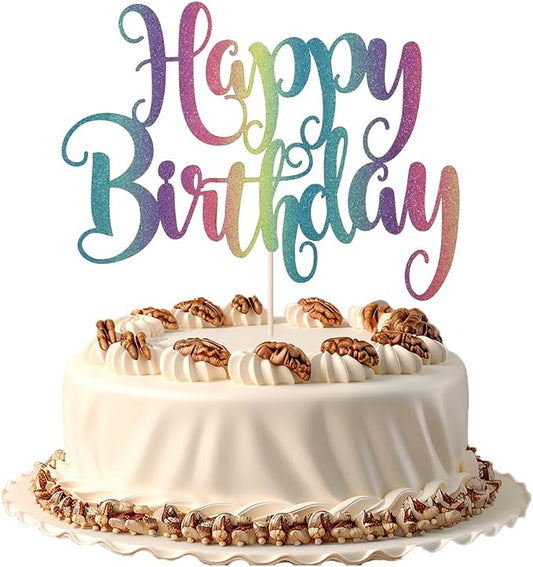 Gradient color Happy Birthday Cake Topper- Glitter Happy Birthday Cake Decor, Handmade Anniversary/Birthday Party Supplies (Color)