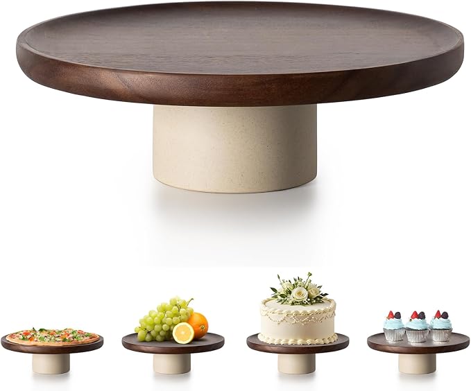 CEEFU 11 inch Rustic Acacia Wood Cake Stand - Natural Wooden Clay Wedding Cake Pedestal Serving Stand for Cupcake Dessert Bites Display in Party, Birthday, Beautiful Farmhouse Kitchen Decor