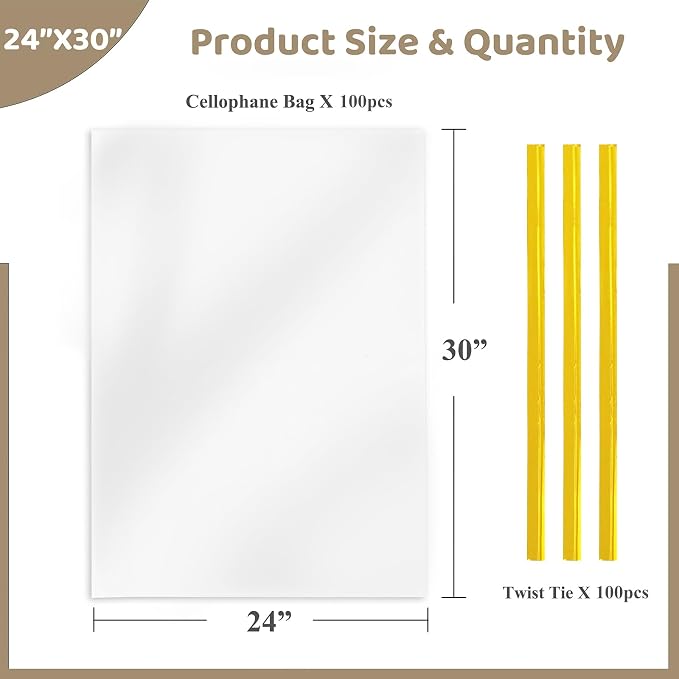 WIKDAY Clear Gift Bags 100 PCS 24x30 Inches Large Cellophane Wrap for Gift Baskets Wrapping Plastic with Ties for Gift Giving, Packaging Products