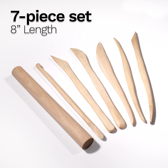 DAS Modelling Tools – 7-Piece Clay Modeling Tools Set - Beginner Clay Tools for All Artists - Versatile Wooden Tools for Shaping and Carving - Wooden Tools Ideal for Clay Projects
