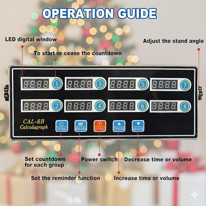 Commercial 8 Channels Digital Kitchen Timer, Stainless Steel Calculagraph Timer with Loud Alarm for Restaurant, Clock Reminder on Multiple Events