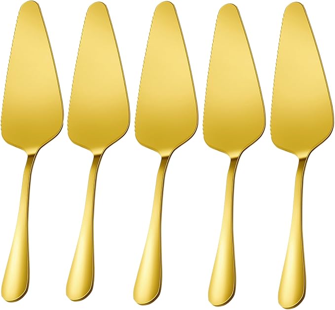 Cake Pie Server, 5 Pack Stainless Steel Pie Pizza Pastry Cake Slicer Server Set, Cake Cutter with Serrated Edges, Pie Cutters for Kitchen, Restaurants, Wedding, Birthdays and Parties(Gold)