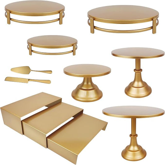 MACIFECI Gold Dessert Table Display Set, 11PCS Metal Gold Cake Stand Set, Including Cupcake Tower Stand, Dessert Tray, Risers Stands, for Wedding, Party