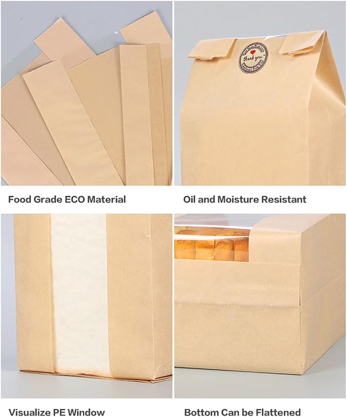 GRANDAN 200 Packs Large Paper Bread Bags for Homemade Bread, Kraft Paper Bakery Bags with Window for Sourdough Toast Packing Storage, Baked Loaf Gifting Bag Bonus Label Seal Stickers 12.6x8.3x4.0 inch