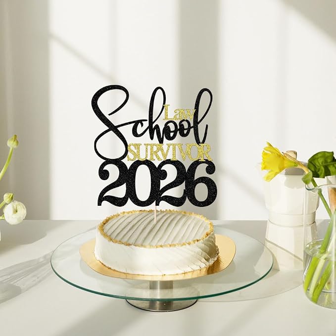 Black Gold Glitter Law School Survivor 2026 Cake Topper, Congrats Lawyer Cake Decoration, 2026 Law School Graduation Party Supplies