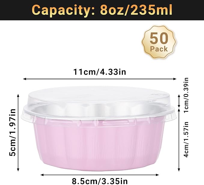 Beasea Disposable Ramekins with Lids, 50 Pack 8oz Aluminum Cups for Baking, Aluminum Foil Ramekins Creme Brulee Muffin Cupcake Mini Pudding Baking Cups for Party Wedding Birthday - Pastel Pink