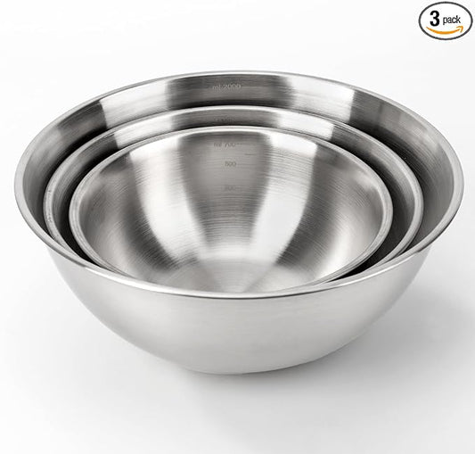 3-Set Stainless Steel Mixing Bowls Set (6.3"+7.1"+8.26"), Metal Bowl Sets with Measurement Marks, Dishwasher Safe & Stackable - Perfect for Baking, Salad Making, Meal Prep and Kitchen Use