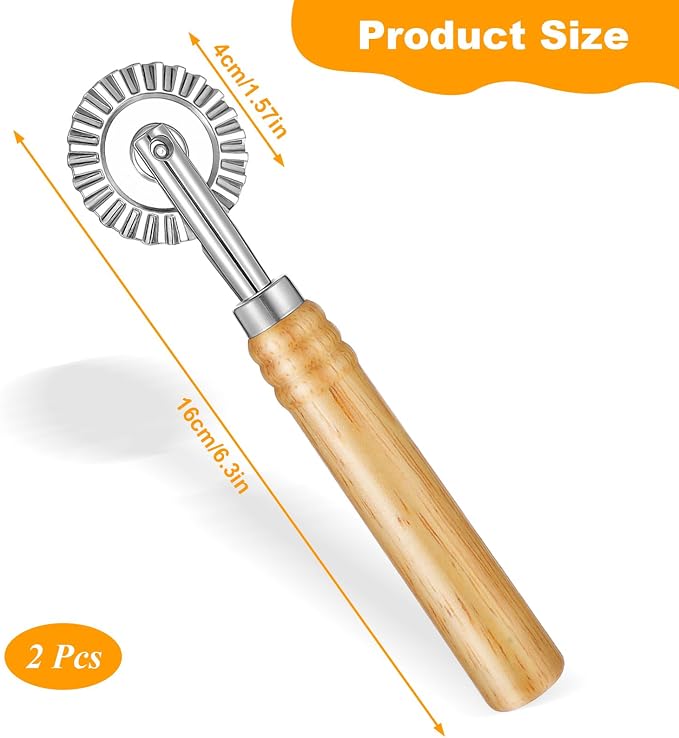 2 PCS Pasta Cutter Wheel, Pastry and Pasta Cutter Wheel Pastry Ravioli Wheel Cutter With Long Wooden Handle for Ravioli Pasta Dumplings Lasagna Pierogi