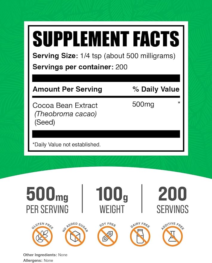 BulkSupplements.com Cocoa Bean Extract Powder - Cocoa Supplement - Unsweetened, Vegan & Gluten Free, 500mg per Serving, 100g (3.5 oz) (Pack of 1)