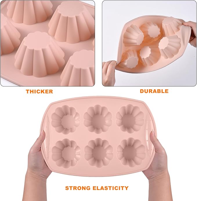 6-Cavity Silicone Muffin Pan, Flower Shape Non-Stick Baking Mold for Cupcakes, Egg Tarts, Fruit Pies, Brownies, Oven & Dishwasher Safe (-104°F to +446°F), BPA-Free Flexible Bakeware-Pink
