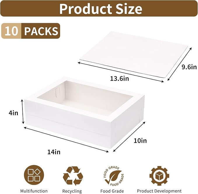 Moretoes 10pcs 14x10x4in Sheet Cake Boxes with Cake Board, White Rectangle Bakery Boxes with Window, for Quarter Sheet Cakes, Donuts, Cupcakes, Brownie&Pie