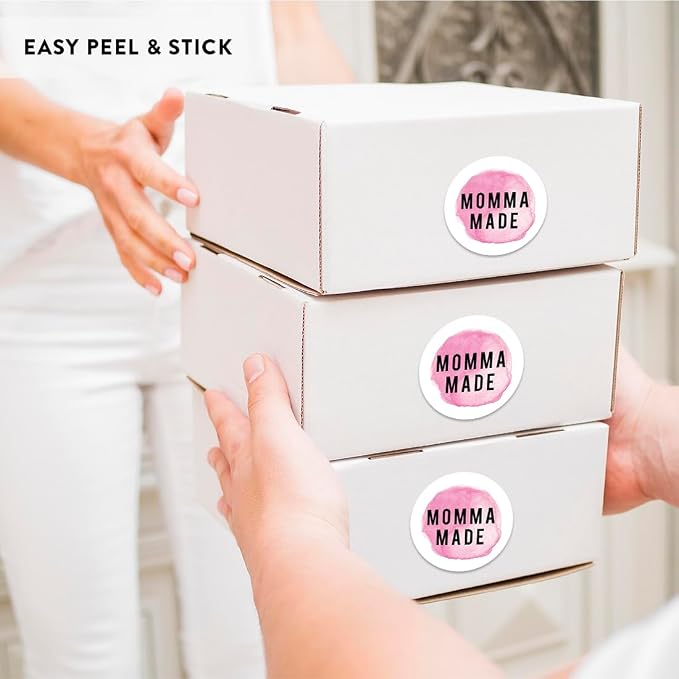 Andaz Press Round Small Business Sticker Labels, 120-Pack, Watercolor Pink Momma Made, Handmade Stickers for Packaging, Product Labels for Small Business, Business Thank You Stickers