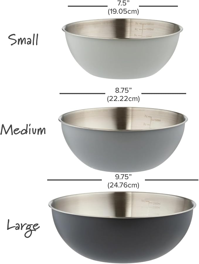 3 Piece Stainless Steel Mixing Bowls Set - Nested Kitchen Prep Bowls with Measurement Markings, 1.5 Qt, 2.3 Qt, 3.3 Qt, Dishwasher Safe