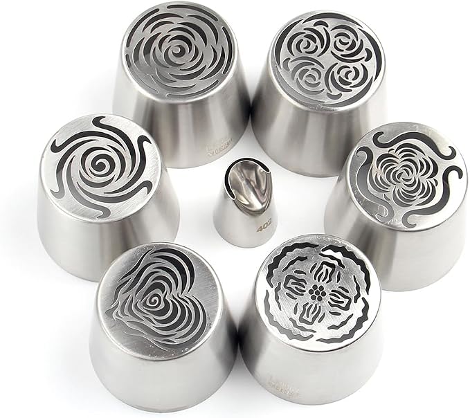 6 Pieces Stainless Steel Extra Large Russian Tulip Icing Tips Kit, Cupcake Dessert Marshmallow Piping Nozzles Set,1 Cleaning Brush,1 Medium Ruffle Icing Tip for Cake Decorations,Pastry Baking Tools
