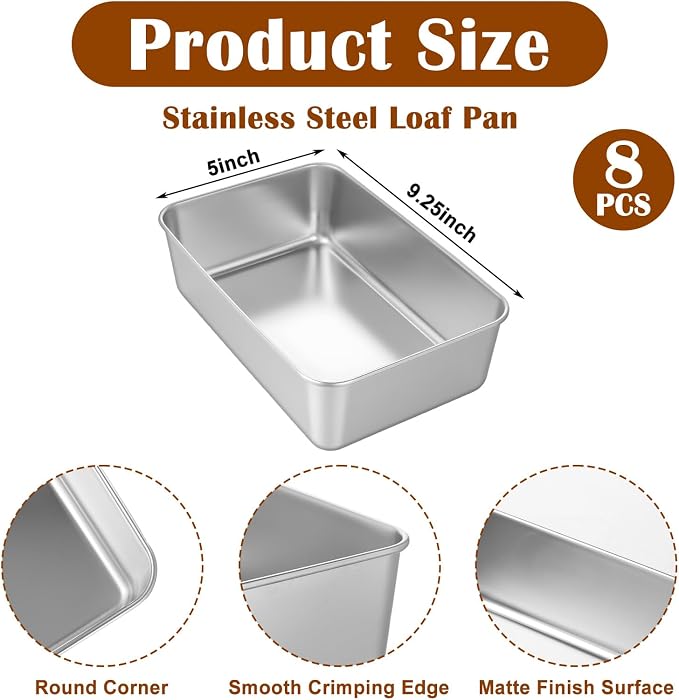 8 Pack Loaf Pan Set, 9x5 Inch Bread Loaf Pans for Baking Bread Stainless Steel Meatloaf Toast Baking Pans for Homemade Brownies Pound Cake, Oven & Dishwasher Safe
