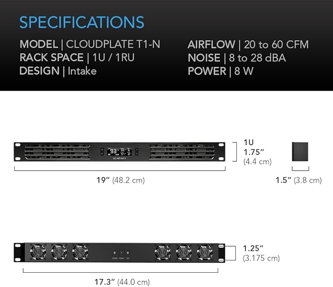 AC Infinity CLOUDPLATE T1-N, Rack Mount Fan Panel 1U, Intake Airflow, for Cooling AV, Home Theater, Network 19” Racks