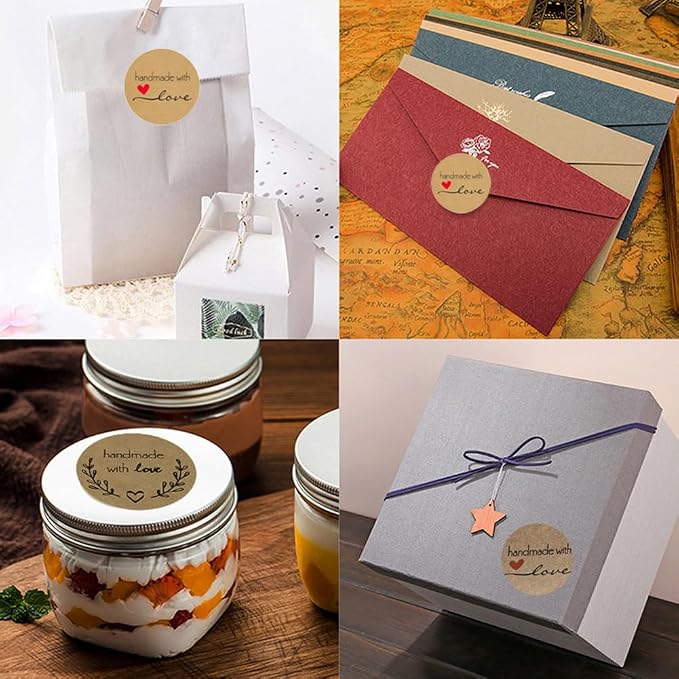 1.5 Inch Handmade with Love Stickers,500Pcs Thank You with Love Heart Sticker Baked Stickers Paper Lables Tags for Baking Packaging,Homemade Gift,Envelope Seals,Party Gift Wrap Bag (Brown03)
