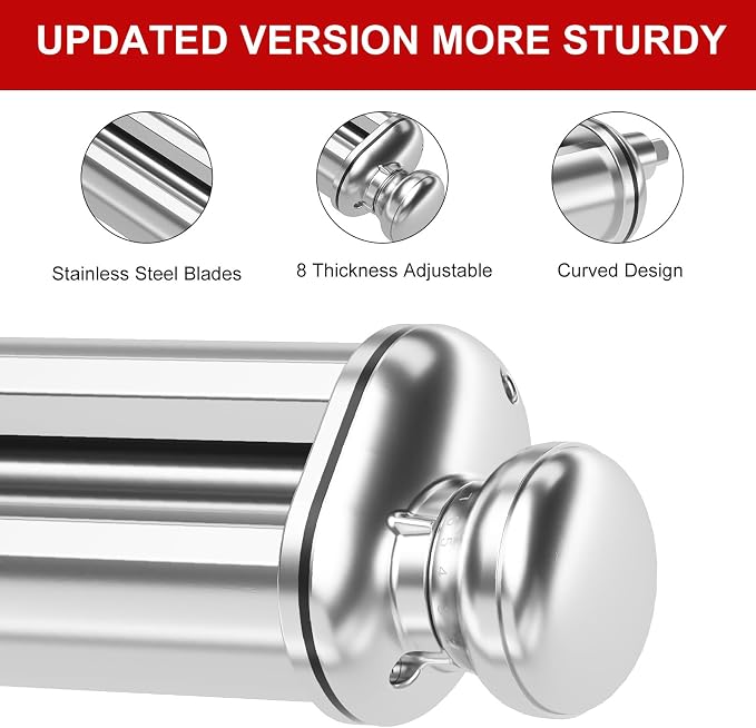 Pasta Roller for Kitchenaid Stand Mixer, Stainless Steel pasta roller attachment with 8 Adjustable Thickness Knob, Dough Pasta Roller pasta roller attachment for Raviolis Pasta
