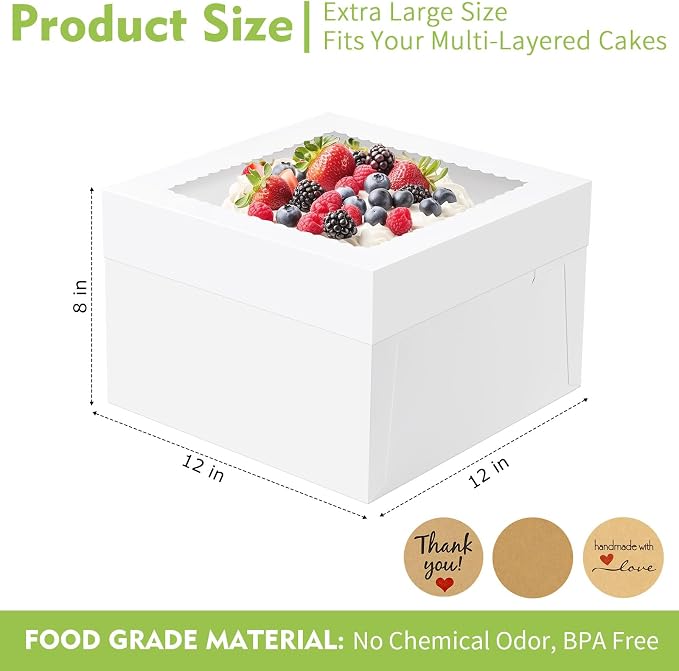 20 Pcs Cake Boxes, 12x12x8 Inch Tall Cake Box with Clear Window, White Square Bakery Boxes, Disposable Cardboard Cake Containers with Lids for Multi-Layer Cake Pie Dessert Wedding Birthday (20)