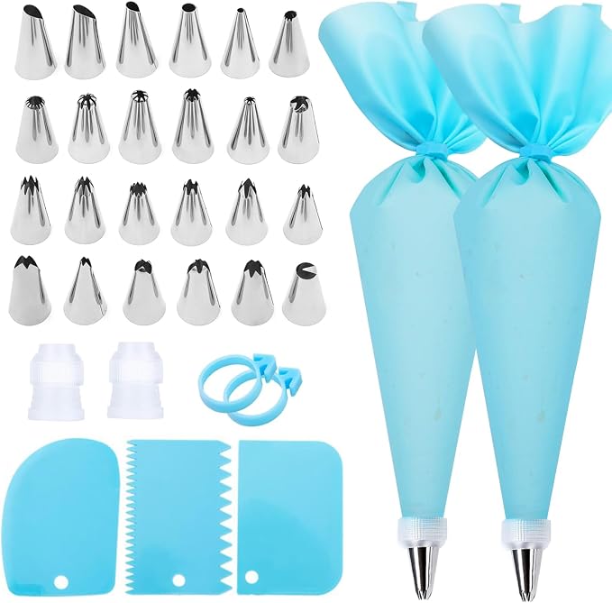 Cake Decorating Kit with Piping Bags and Tips Set | 2 Reusable Piping Bags, 24 Icing Tips, 2 Couplers, 3 Scrapers, 2 Silicone Rings