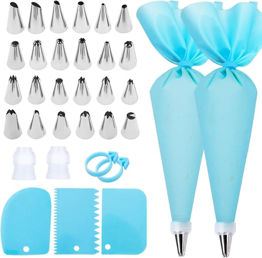 Cake Decorating Kit with Piping Bags and Tips Set | 2 Reusable Piping Bags, 24 Icing Tips, 2 Couplers, 3 Scrapers, 2 Silicone Rings
