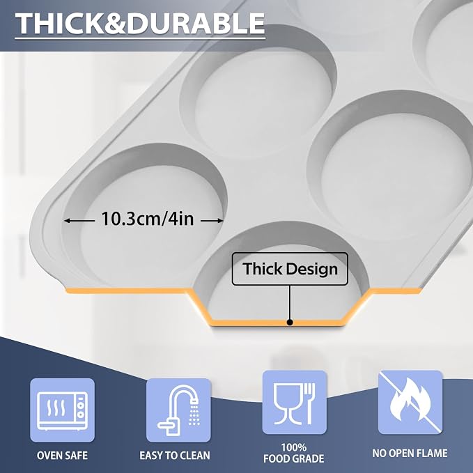 4 Inch Jumbo Silicone Muffin Top Pan with Metal Frame, Non Stick Silicon Egg Mold for Oven, Large Whoopie Pie Baking Pan with Handle for English Breakfast Sandwich, Egg Bite, Bun Tart,Light Grey