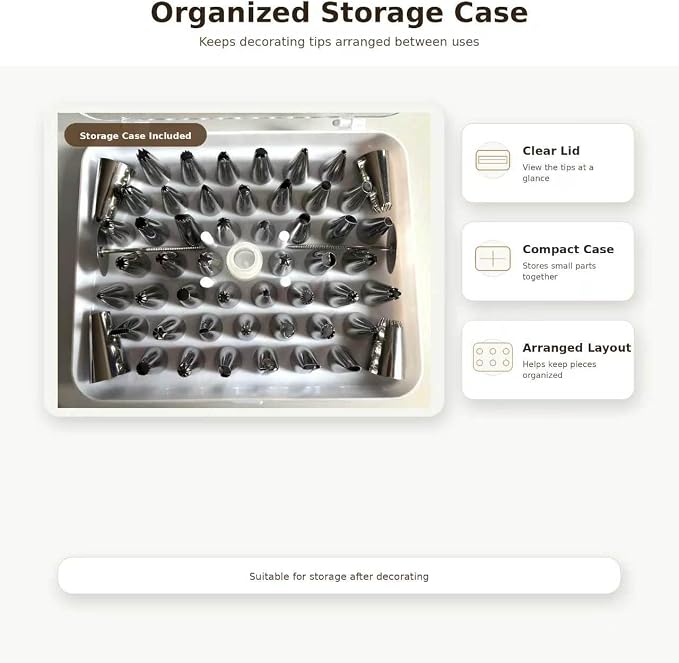 55 Pcs Piping Tips Set with Storage Case, Stainless Steel Icing Nozzles for Cake Decorating, 48 Small and 4 Large Frosting Tips, 1 Coupler, 2 Flower Nails for Cupcakes, Cookies, Desserts