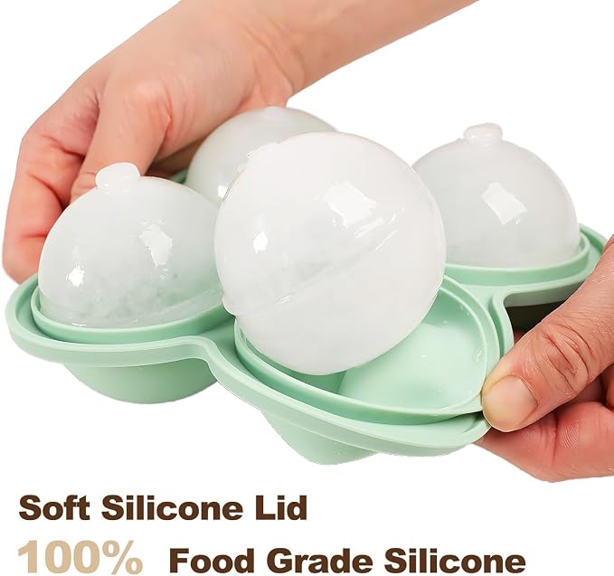 QELEG 2pcs Large Silicone Ice Cube Trays, 2.35 inches Ice Ball Maker with Lids & 2 inches 3D Rose Ice Molds for Gift, Drinks, Coffee, Cocktails, and Whiskey Set of 2, Green, Sphere and Rose