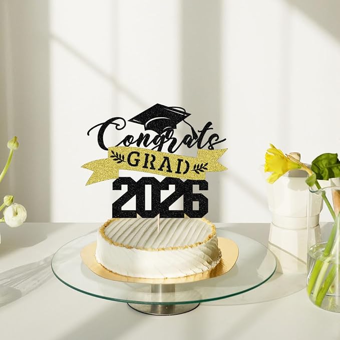 Glitter Graduation 2026 Cake Topper,Congrats Grad Cake Decor - 2026 High School/College/Senior Graduation Party Decorations Supplies
