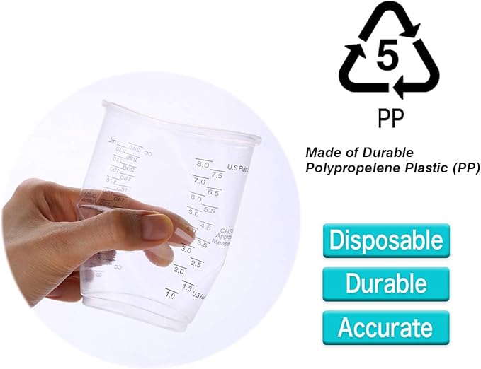 XUXU 100pcs 8oz Graduated Clear Plastic Measuring Cups with 100pcs Wooden Stirring Sticks for Mixing Paint, Pigments, Epoxy Resins, Resins