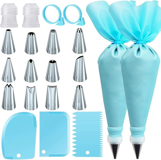21pcs/set Cake Decorating Tools,Piping Bags and Tips Set;with 2pcs Reusable Icing Pastry Bags,Set Of 3 Scrapers,12 Different Icing Bags Tips, 2 Piping Bags Couplers and 2 Frosting Bags Ties