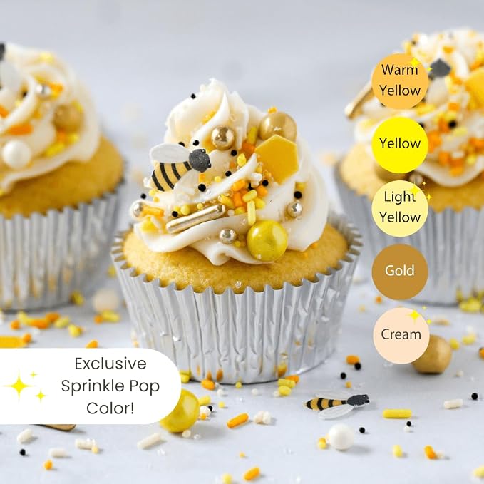 Sprinkle Pop Honey Bee Sprinkle Mix| Yellow Gold Sprinkles with ~10 Bees Honeycomb Wafer Papers, Black Pops and Cream Hues| Summer Sprinkles Made in USA for Decorating Cakes Cupcakes Cookies, 2oz