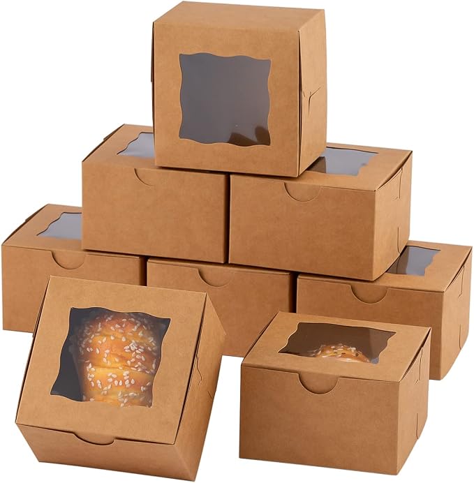 100Pcs Paper Cookie Boxes With Window Small Bakery Boxes 4x4x2.5 Inches Mini Cake Boxes For Pastries,Cupcakes,Desserts,Donuts,Chocolate Strawberries,Candy,Treat Boxes(4 * 4 * 2.5,Brown)