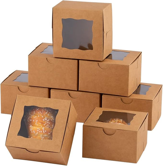 100Pcs Paper Cookie Boxes With Window Small Bakery Boxes 4x4x2.5 Inches Mini Cake Boxes For Pastries,Cupcakes,Desserts,Donuts,Chocolate Strawberries,Candy,Treat Boxes(4 * 4 * 2.5,Brown)