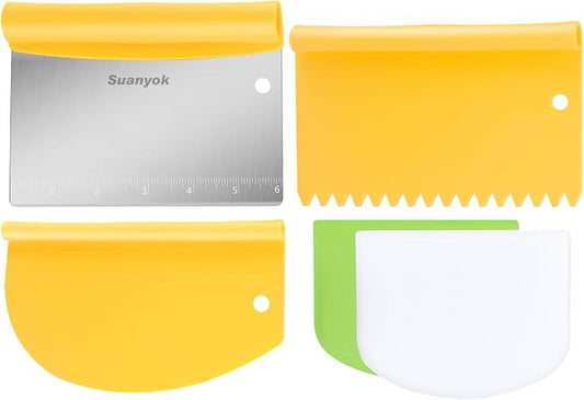 Suanyok Bench Dough Cutter-Flexible Plastic Bowl Scraper,Yellow | Bread/Pastry/Pizza/Flour/Cheese/Food/Vegetable Chopper,Stainless Steel Kitchen Tools,5-Piece Set,Dishwasher Safe