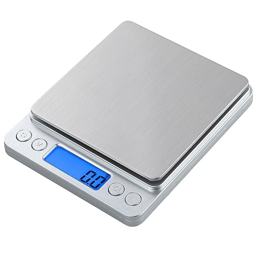Small Digital Scale,3kg/0.1g,6.6lb,Kitchen Scale,Food Scale,with Blue Backlit LCD Display, 6 Units, Auto Off, Tare, PCS Function, Stainless Steel, Battery Included