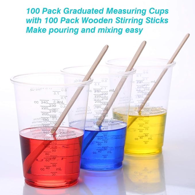 XUXU 50pcs 8oz Graduated Clear Plastic Measuring Cups with Wooden Stirring Sticks for Mixing Paint, Pigments, Epoxy Resins, Resins